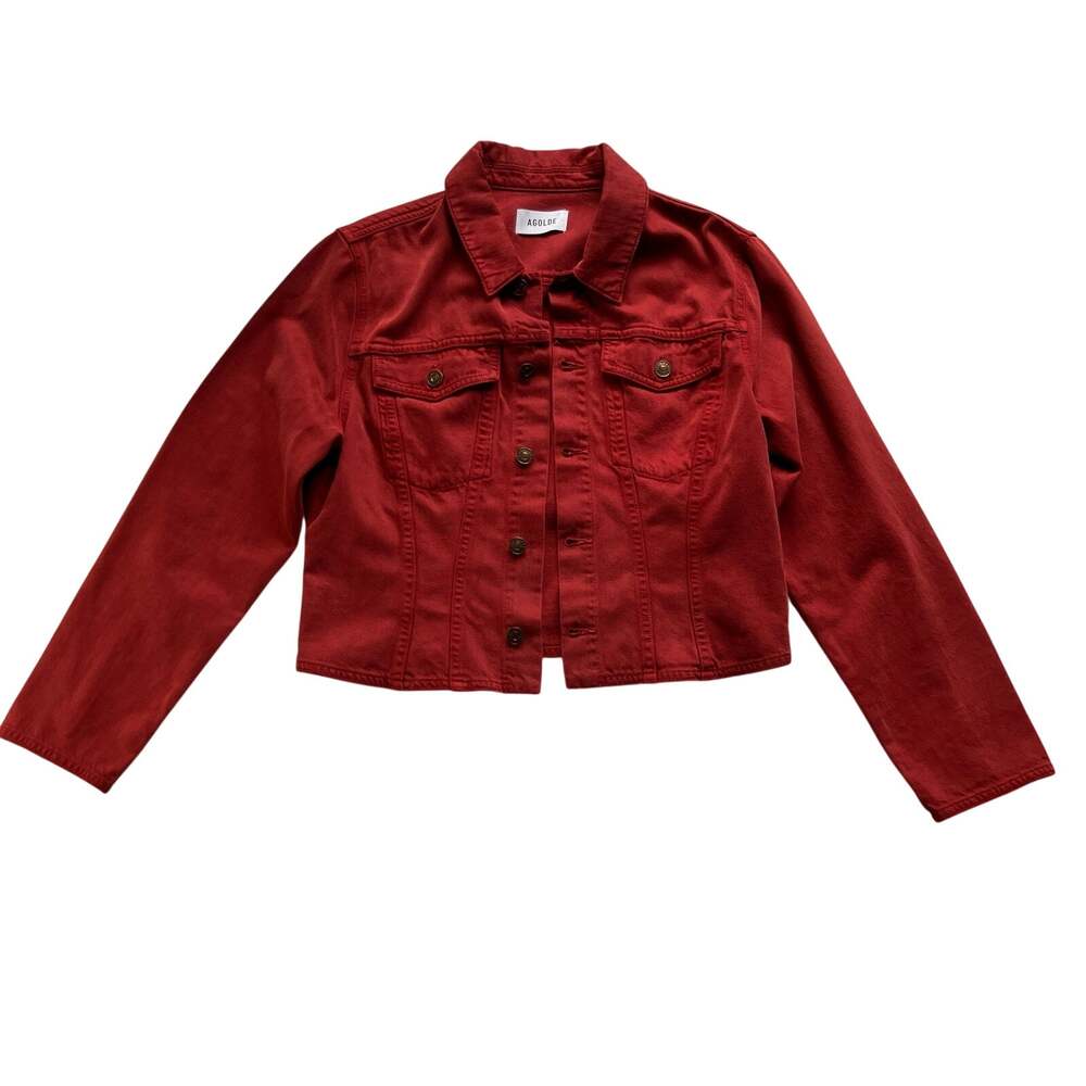 NEW Agolde Contoured Cropped Trucker Denim Jacket Size Large Brick Red